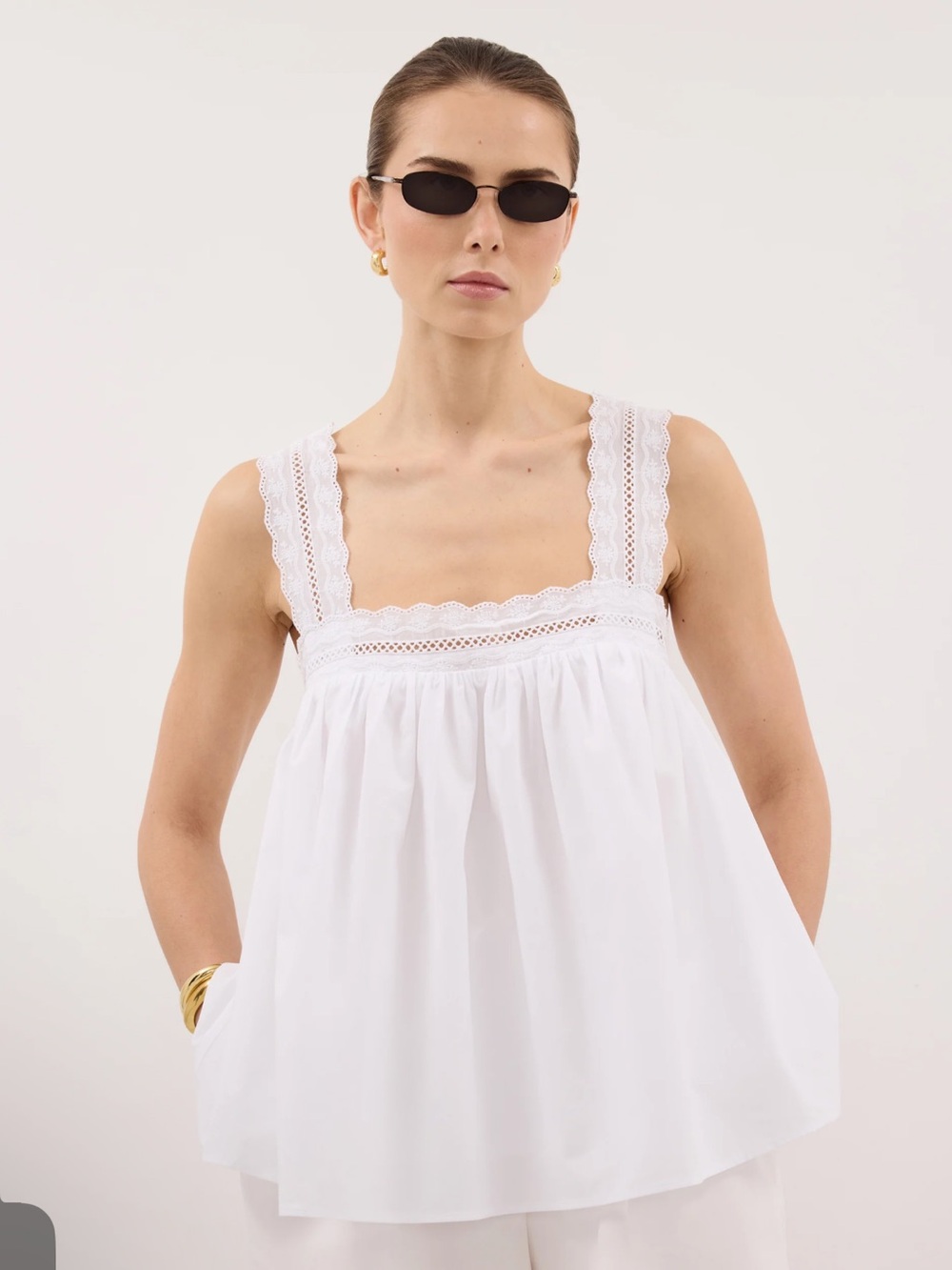 DISSH Miranda White Lace-Trim Cotton Babydoll Top